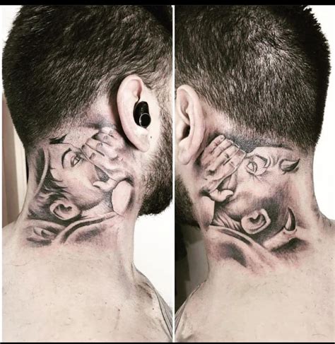 angel whispering in ear neck tattoo|Angel whispering in ear tattoo